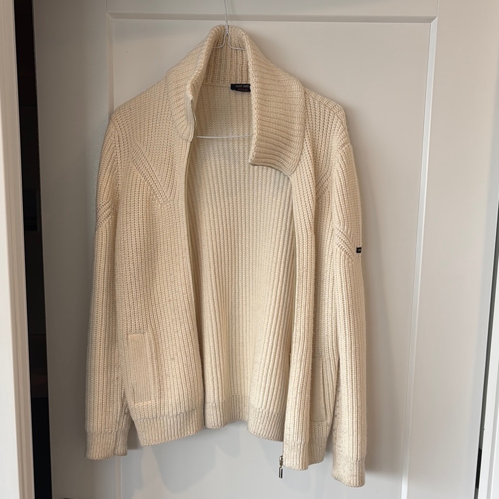 Saint James Cream Cardigan Sweater with Ribbed Knit